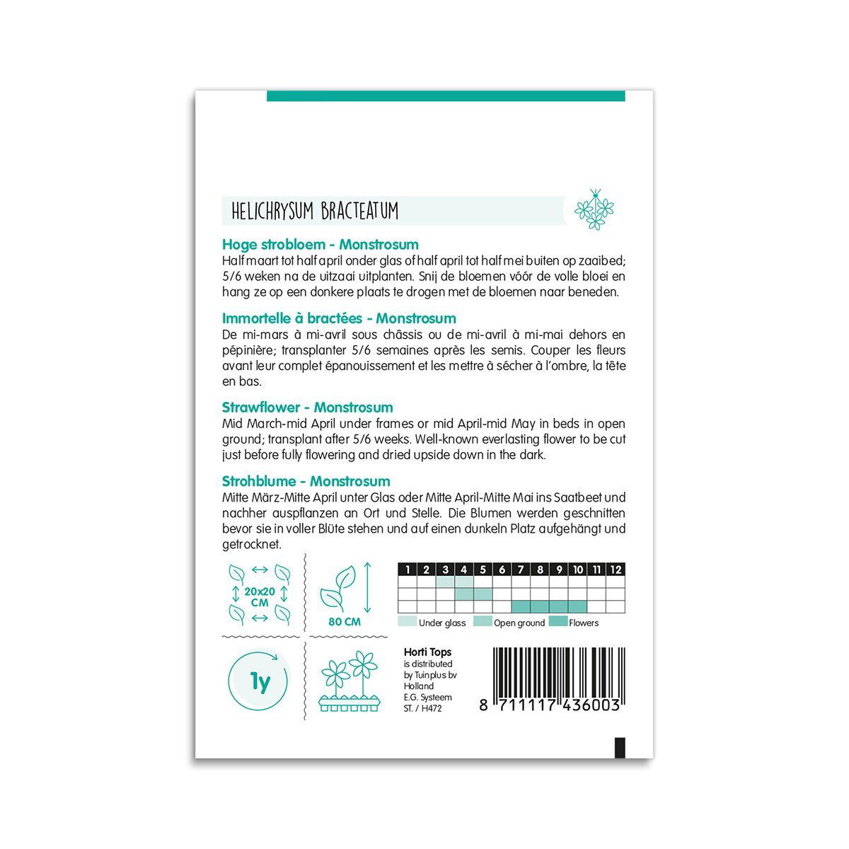 Bagside af frøpose til Helichrysum bracteatum