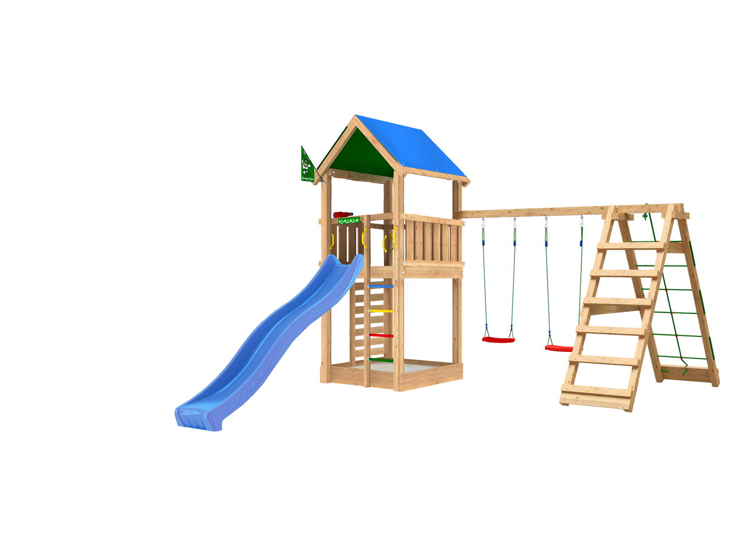 Stort legetårn i træ med blå rutsjebane og gynger