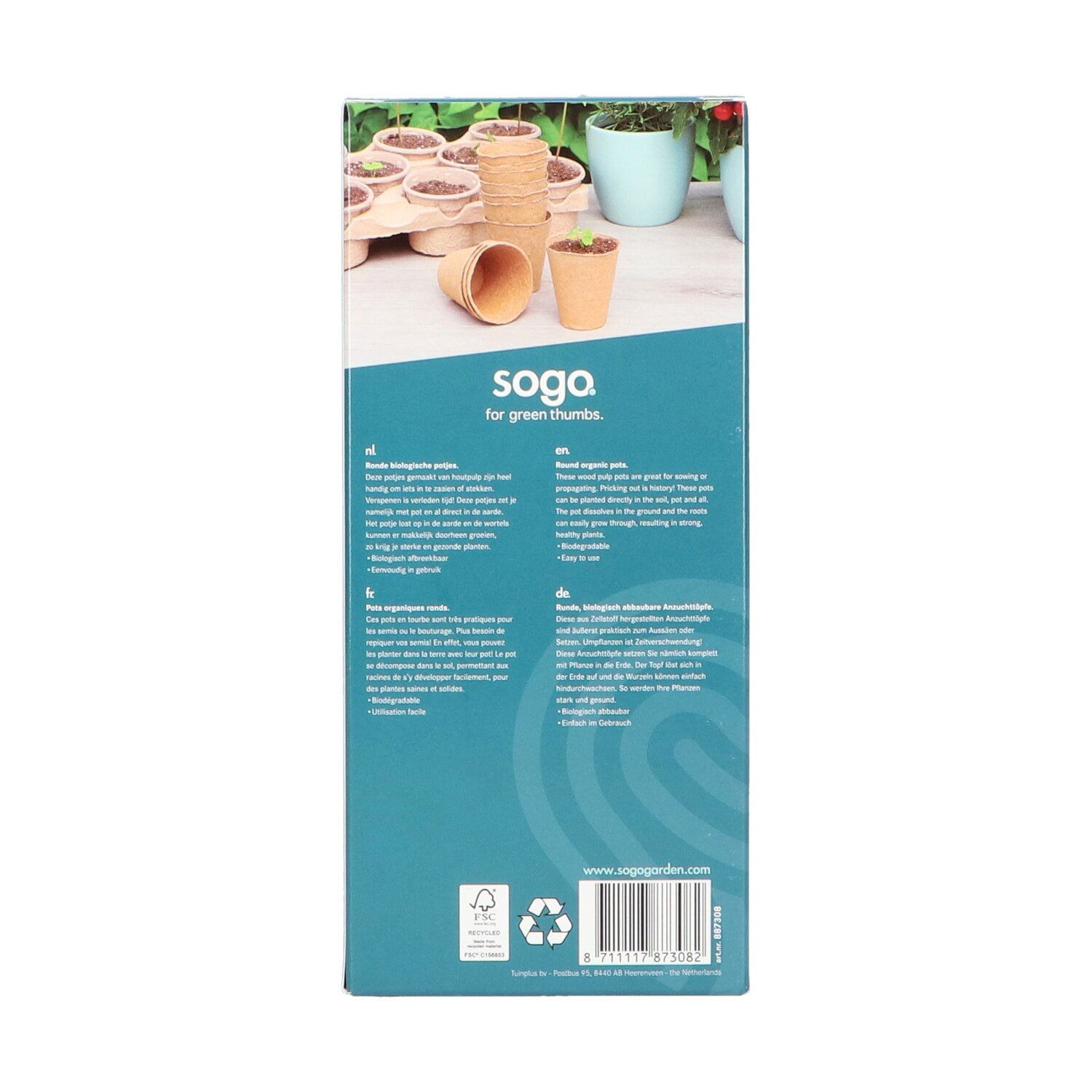 Soga pakke med runde biologisk nedbrydelige potter