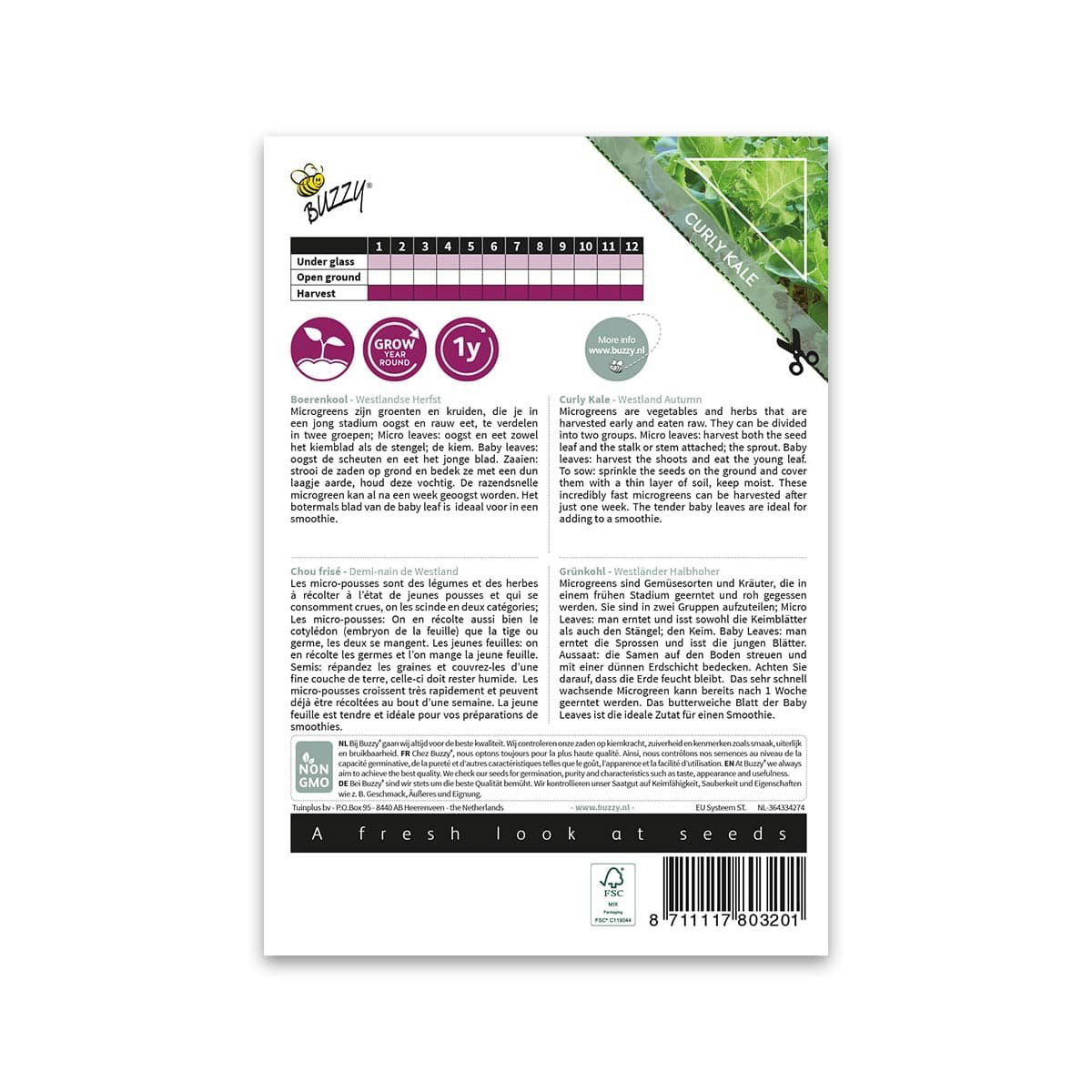 Bagside af Buzzy grønkål mikrogrønt frøpose