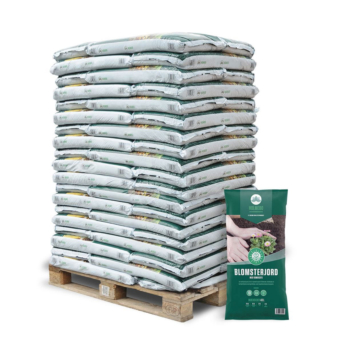 Palle med sække blomsterjord 40 liter