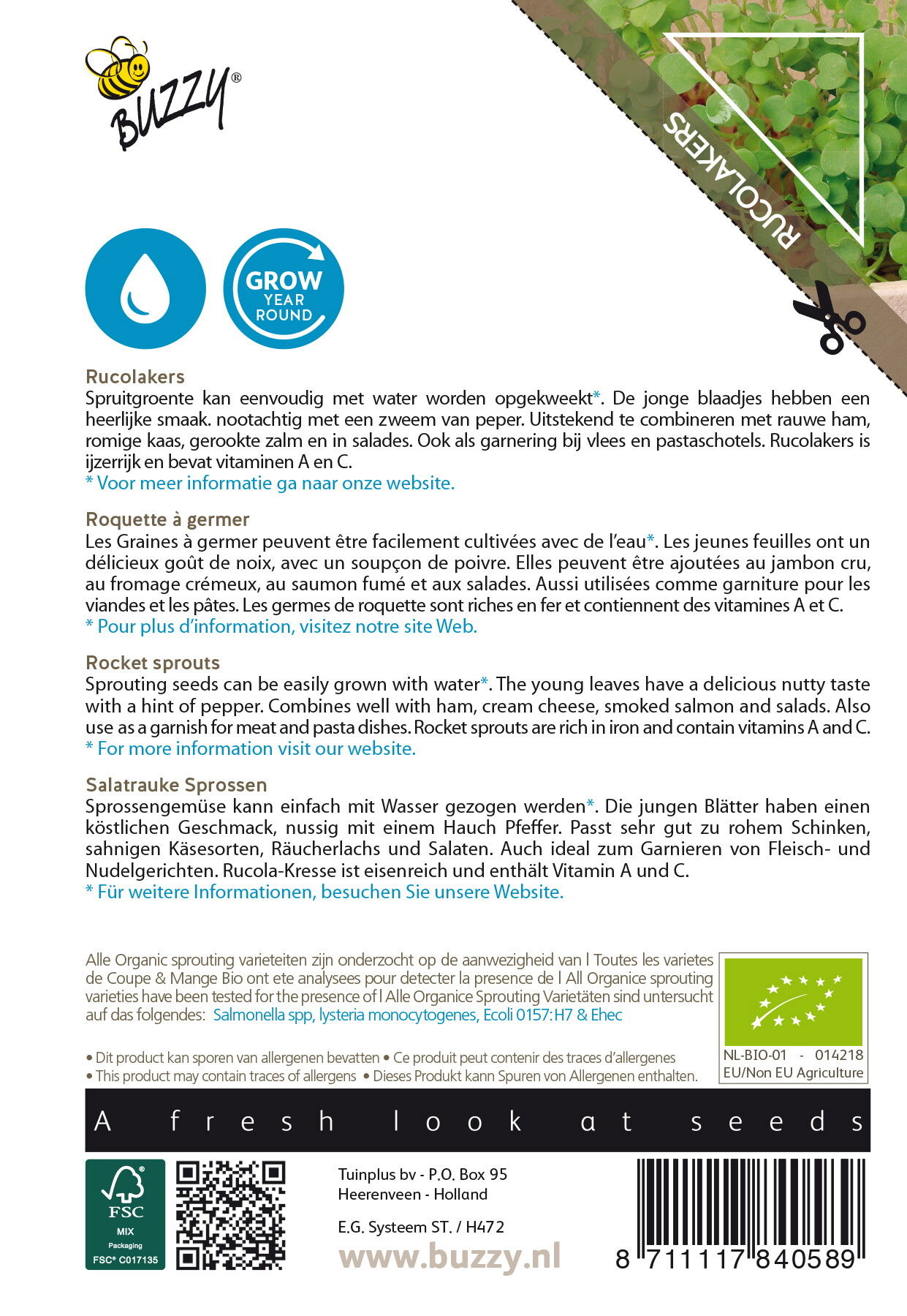 Buzzy frø til dyrkning af rucola spirer hjemme