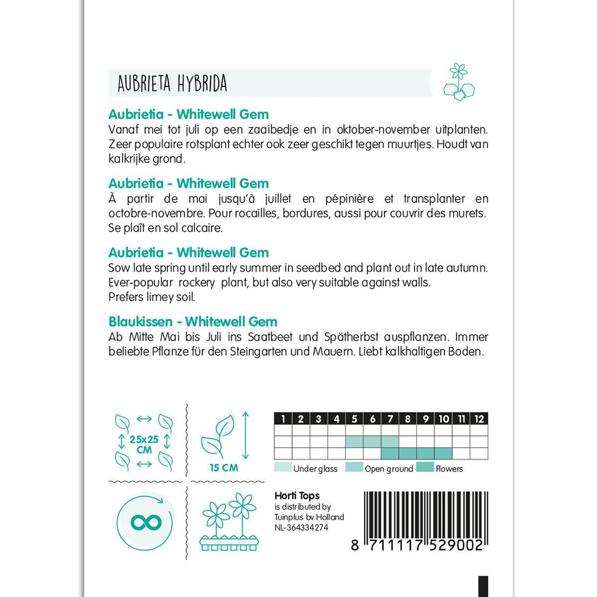 Bagside af Aubrieta Whitewell Gem blomsterfrøpose