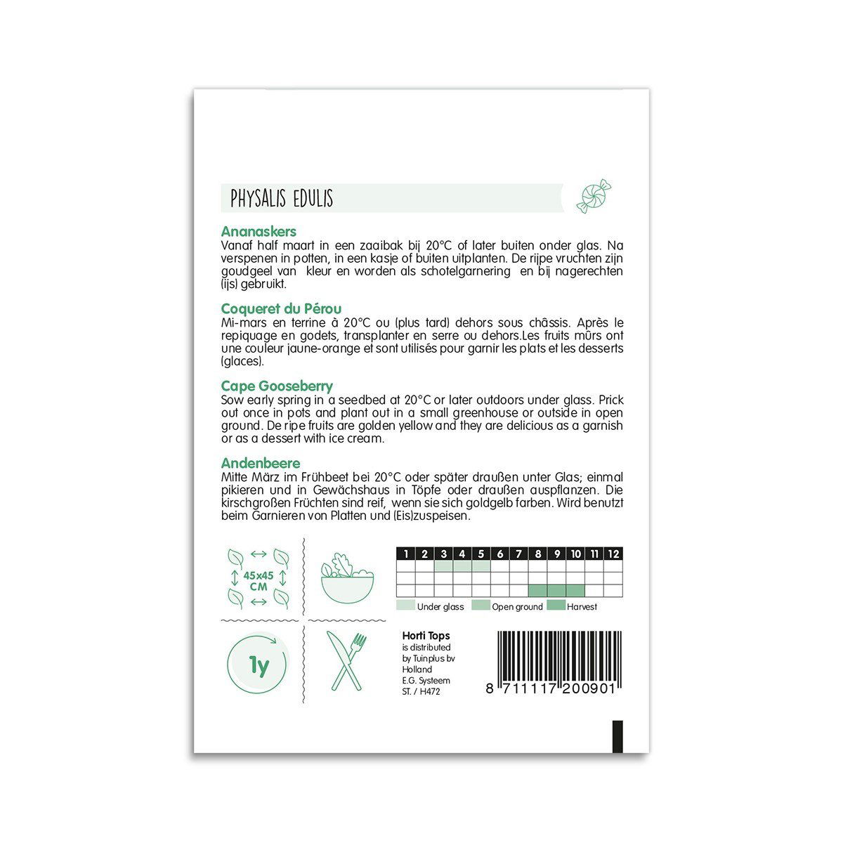 Bagside af Physalis edulis frøpose med instruktioner