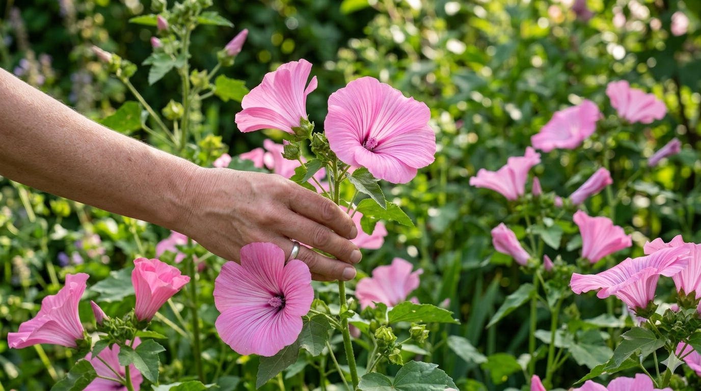 Nærbillede af en hånd, der holder en lyserød lavatera-blomst blandt mange blomstrende planter i en grøn have