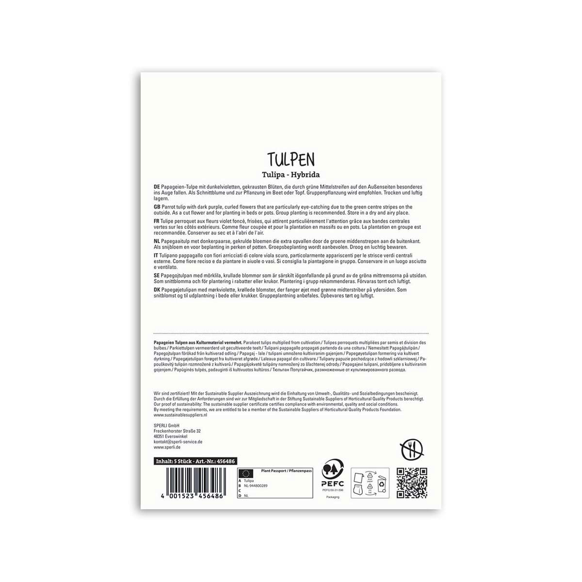 Bagside af pakke med papegøje-tulipan løg og plantetips