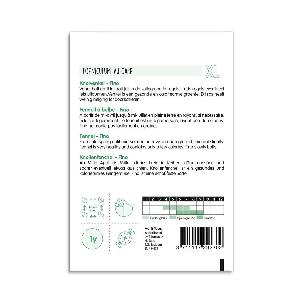 Bagside af pose med knoldfennikel Fino frø XL