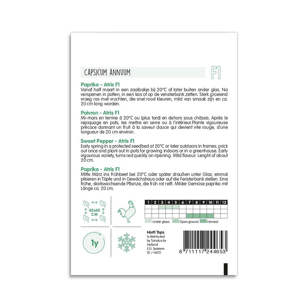Bagside af frøpose til paprika Atris F1 med vejledning