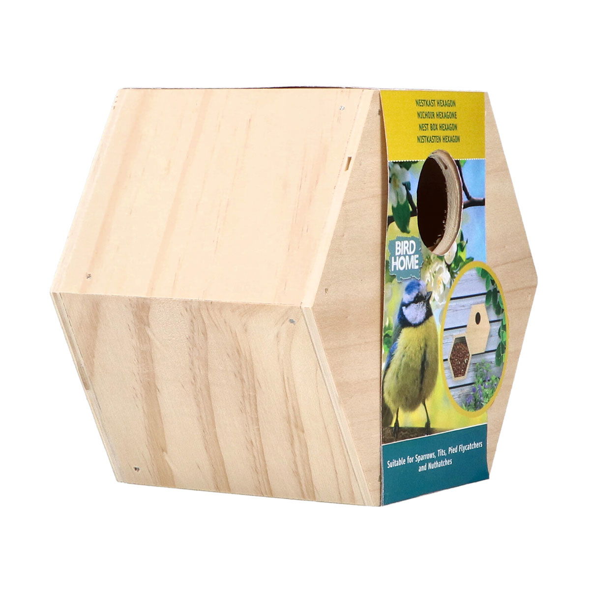 Træ-fuglehus i sekskantet form til havens småfugle
