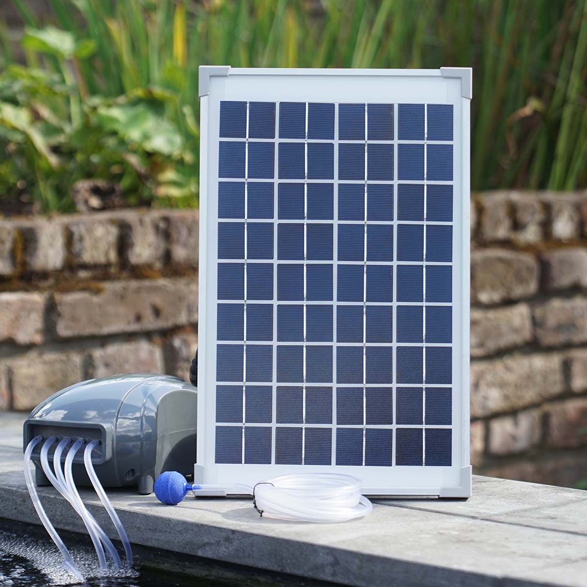 Solcelledrevet luftpumpe med panel til havedam