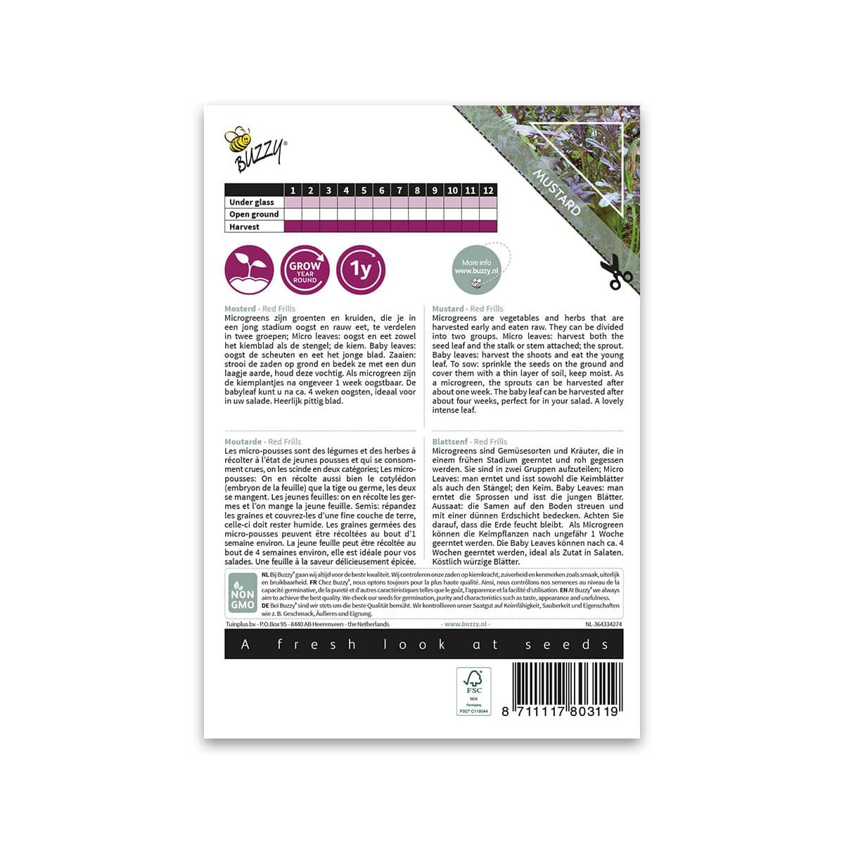 Buzzy Microgreens sennep Red Frills frøpose bagside