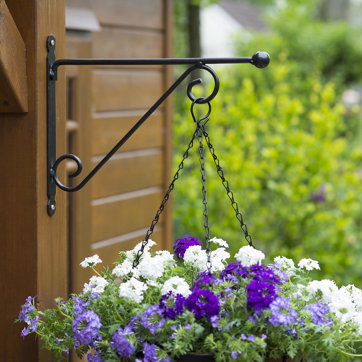Sort vægkrog i smedejern med hængende blomsterkurv