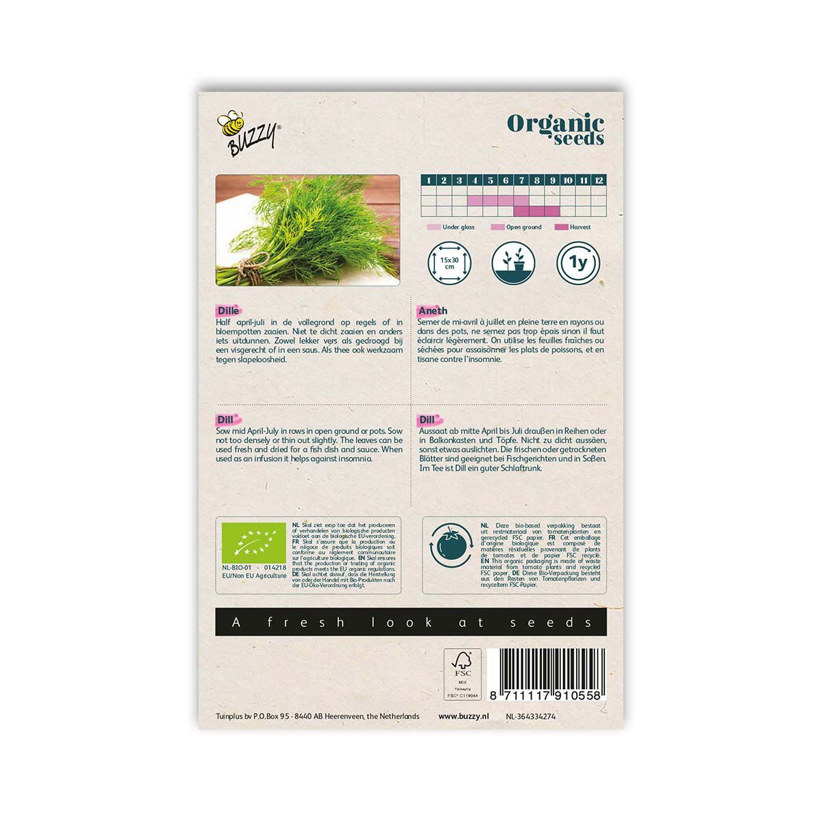 Bagside af pakke med økologiske dildfrø