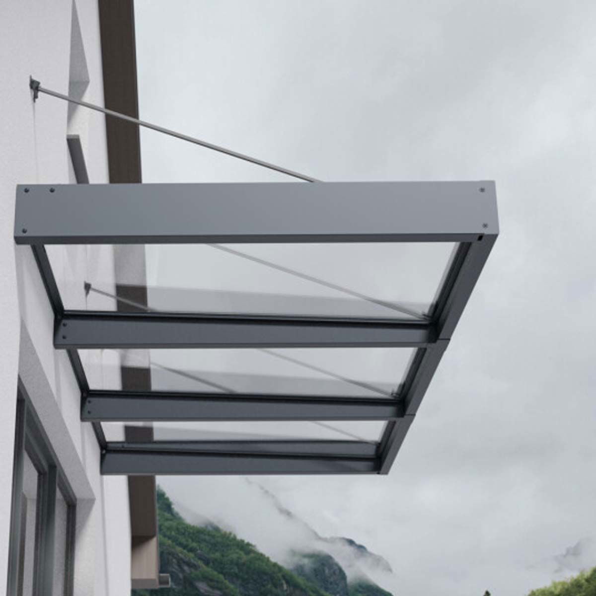 Rektangulært gråt glasudhæng over indgangsdør