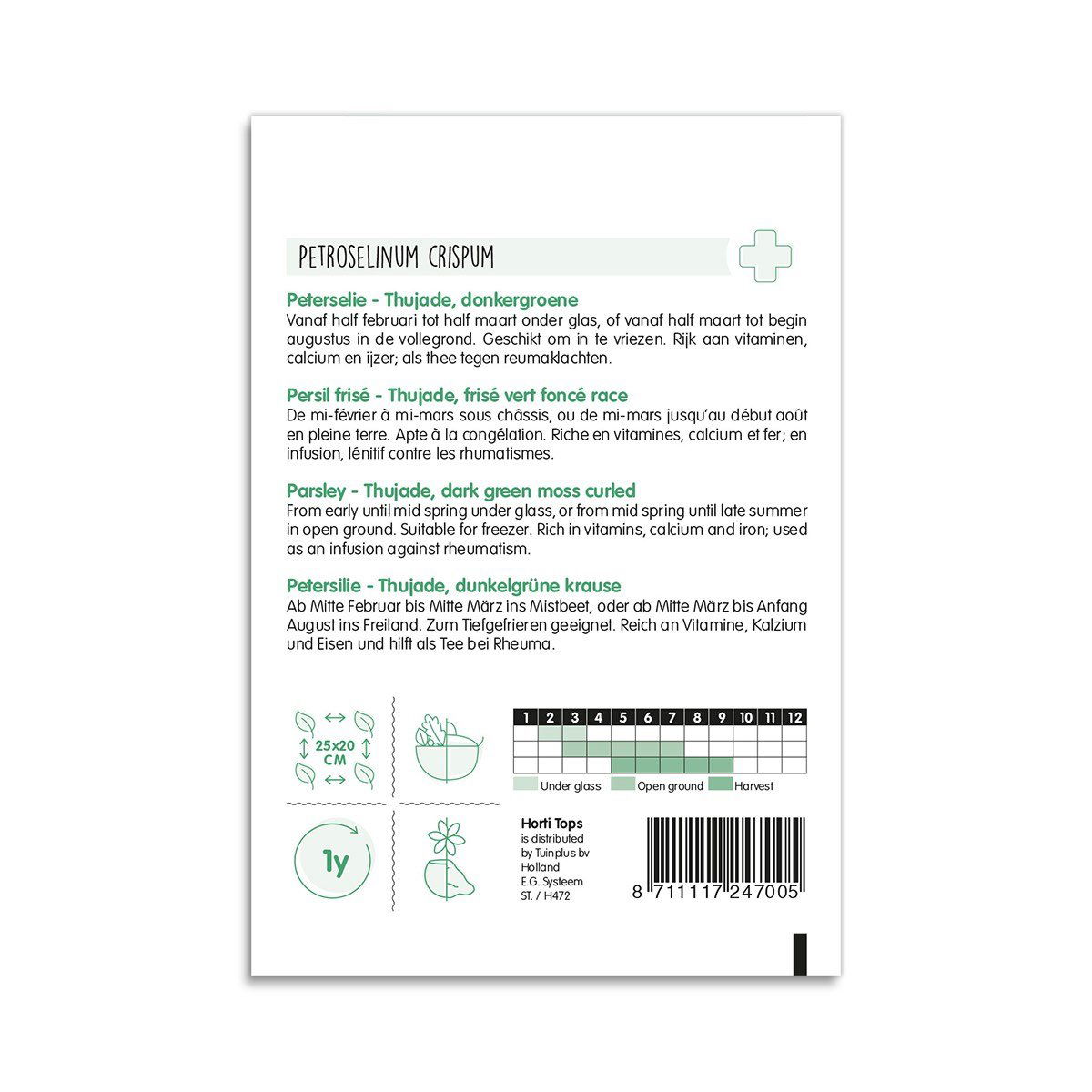 Bagside af frøpose til kruset persille