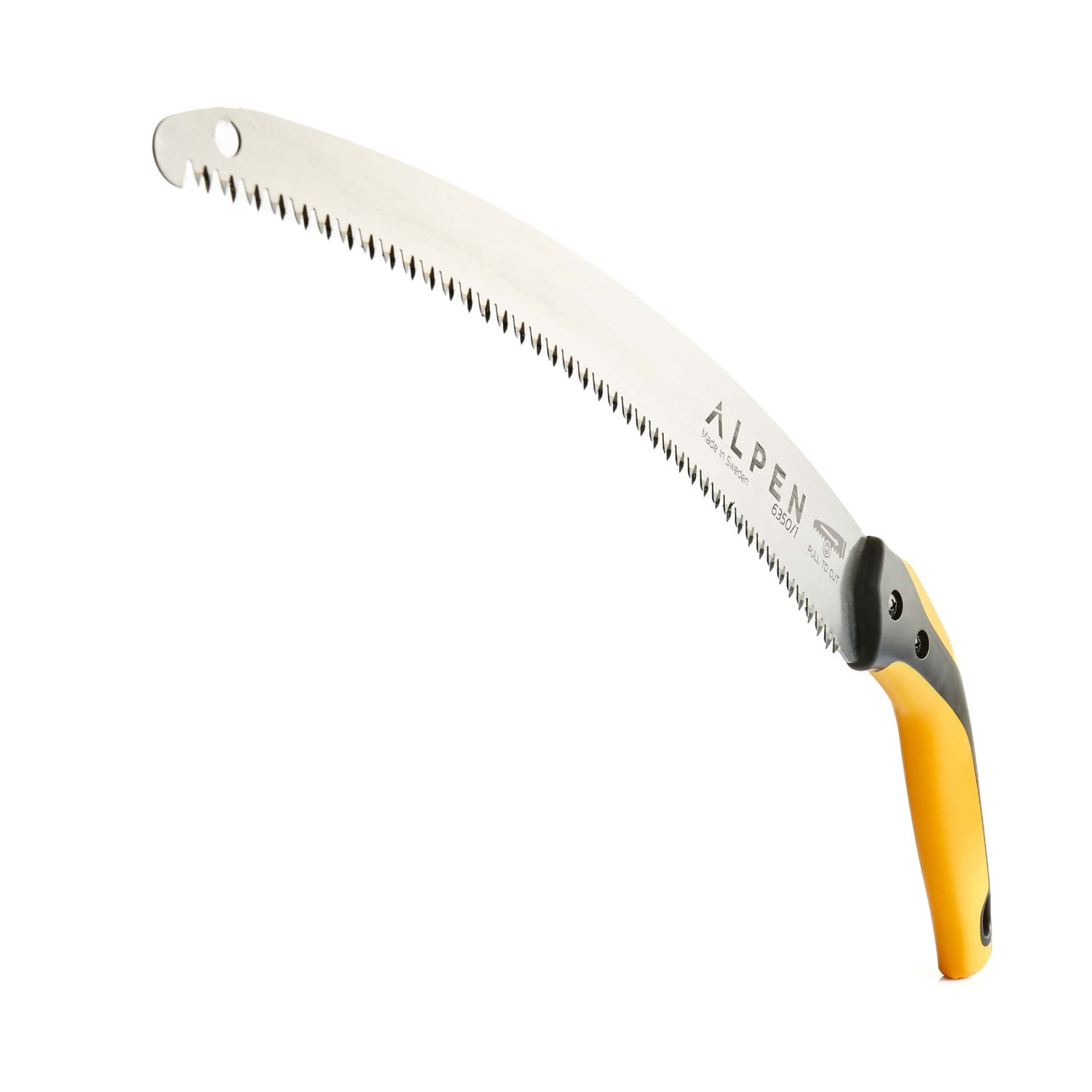 Håndsav til træ med buet klinge og gult greb