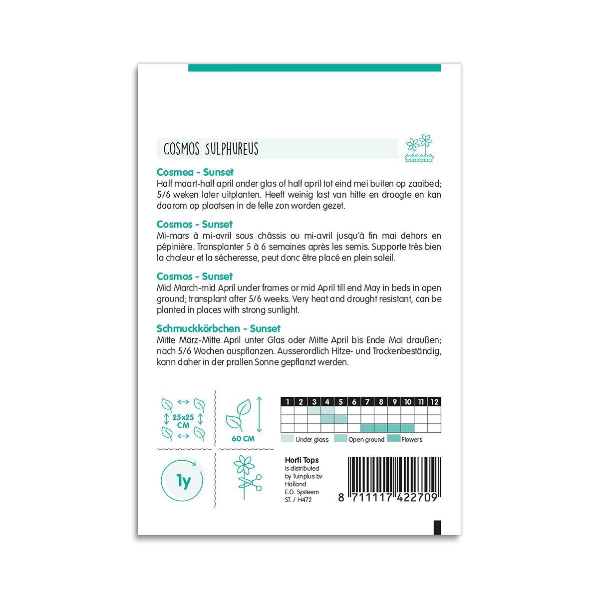 Bagside af pose med Cosmos Sunset blomsterfrø og vejledning