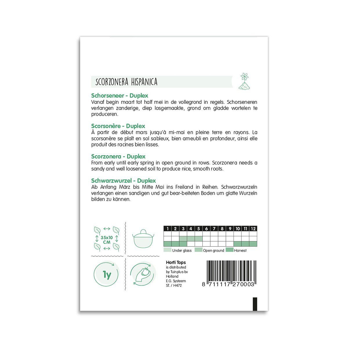 Bagside af pakke med skorzonerrod Duplex frø