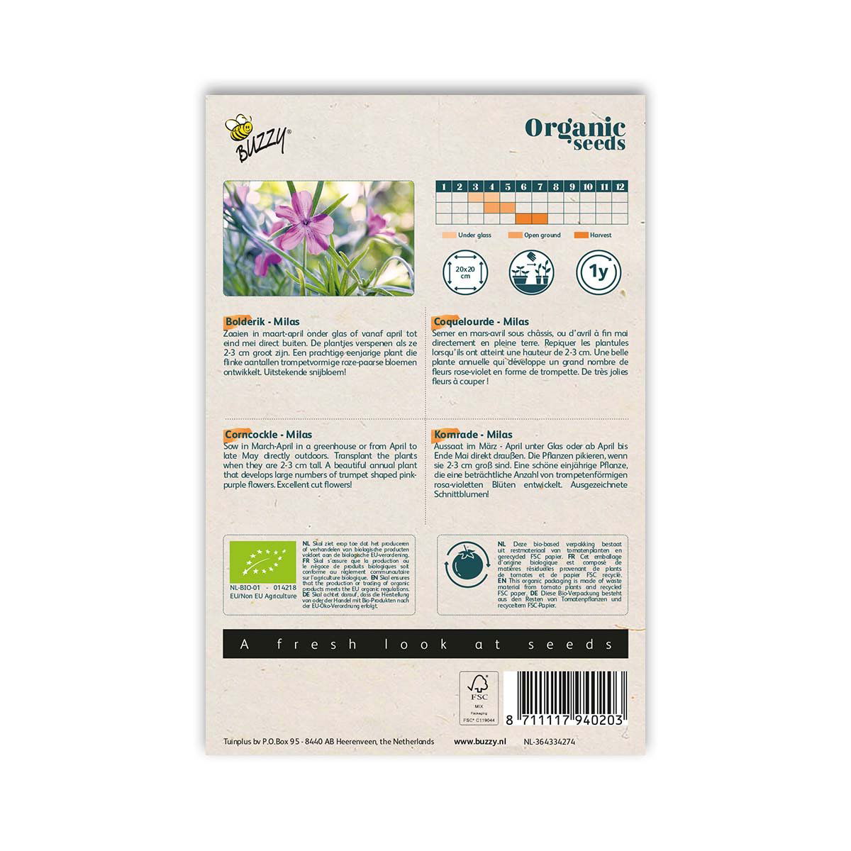 Bagsiden af Buzzy økologiske blomsterfrø Milas pakke