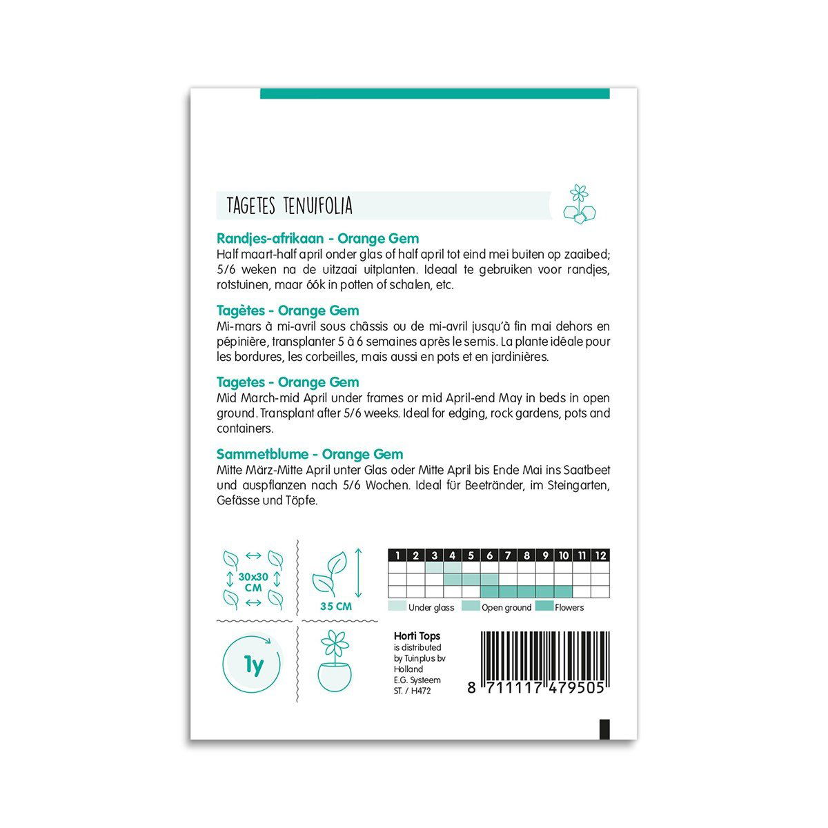 Bagside af frøpose til Tagetes Orange Gem