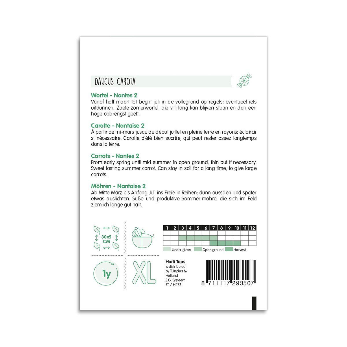 Bagside af pose med gulerodsfrø Nantes 2 og såtips