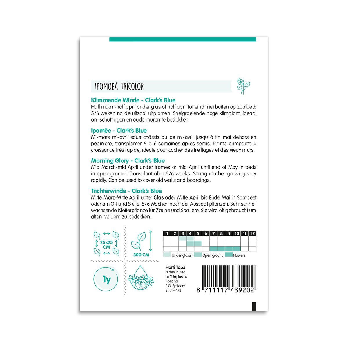 Ipomoea Clark’s Blue klatreblomst frøpose bagside