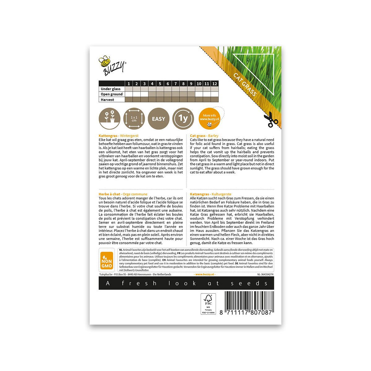 Bagside af Buzzy kattegræs frøpose med vejledning