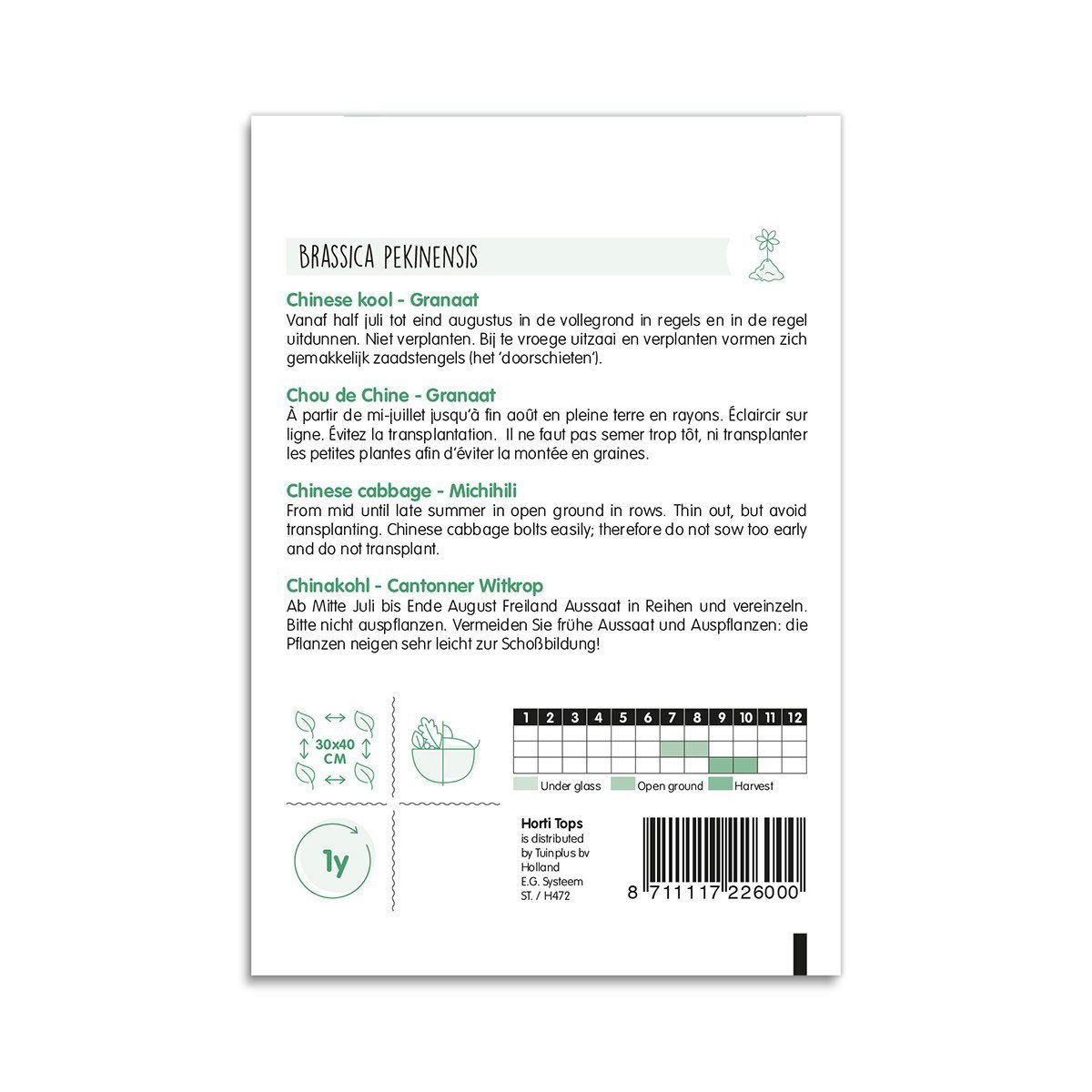 Bagside af frøpose til kinakål Brassica pekinensis