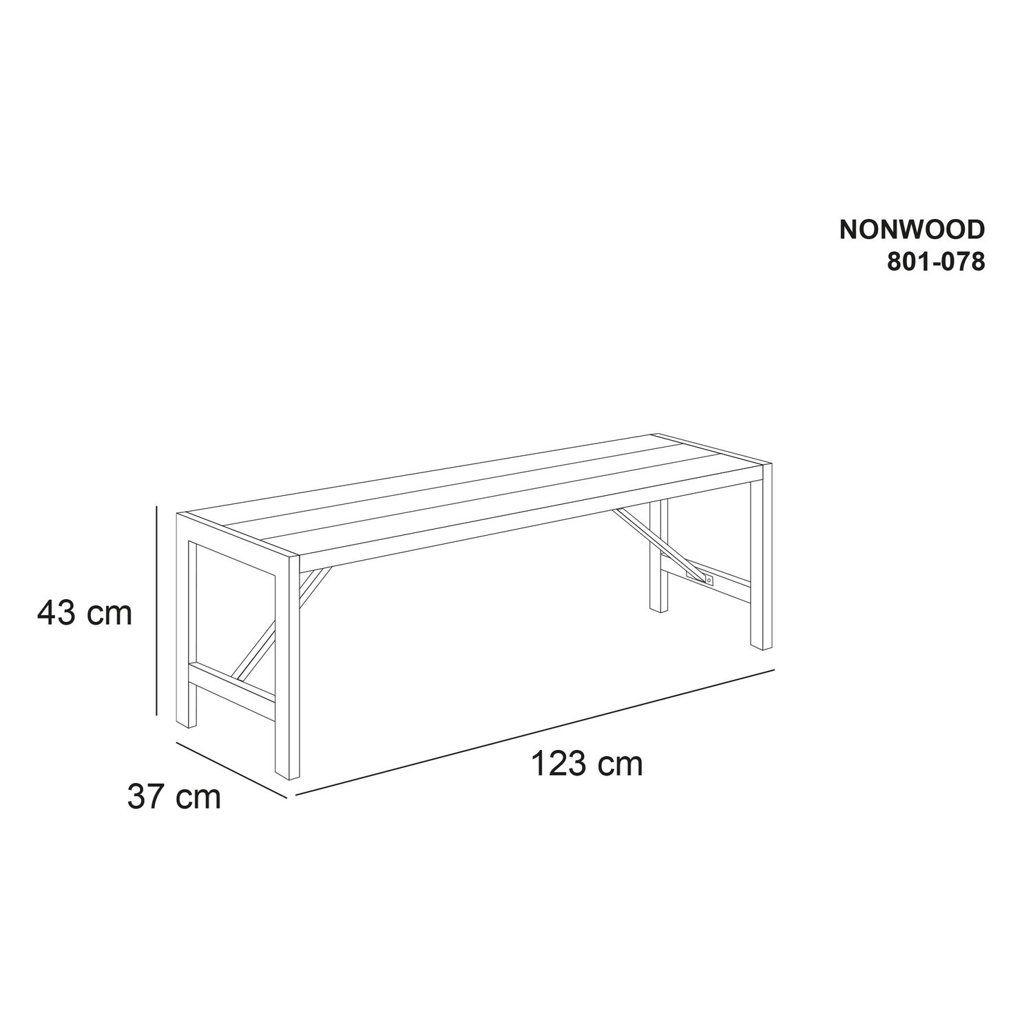 Steltegning af NONWOOD bænk 123x37x43 cm