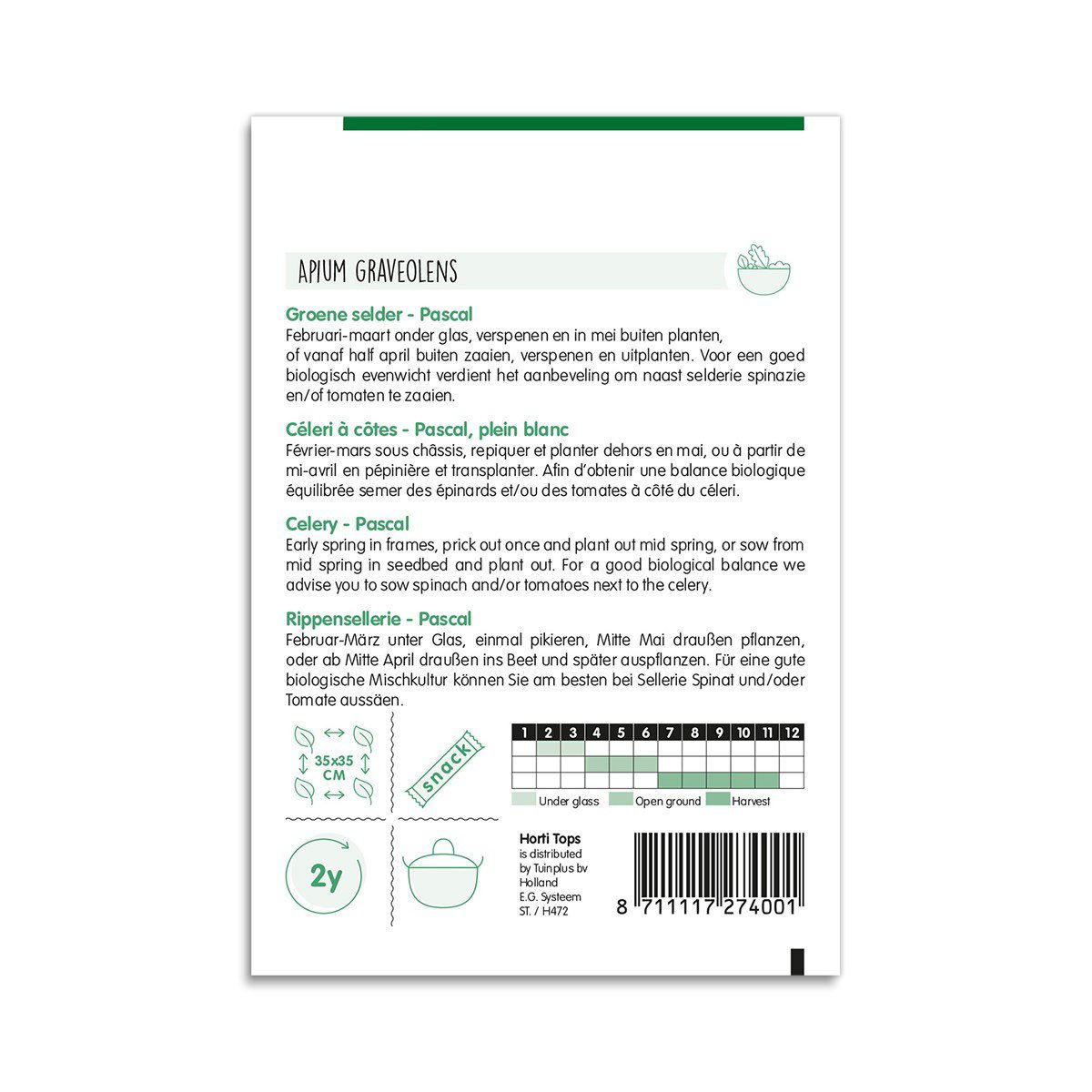 Bagside af frøpose til Pascal bladselleri med dyrkningsinfo
