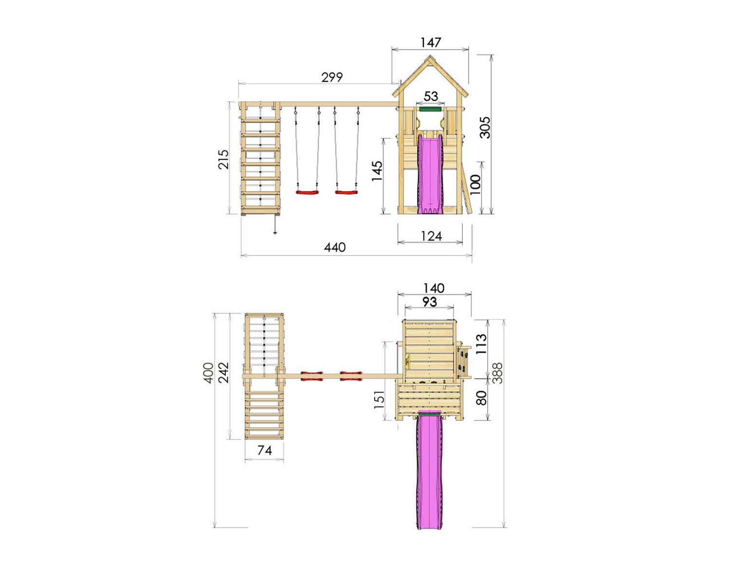 Måltegning af legetårn i træ med rutsjebane og gynger