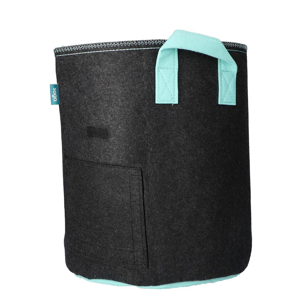 Rund grå filtkurv med turkis bund og håndtag