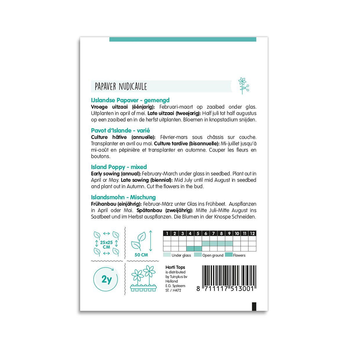 Bagside af frøpose til islandske valmuer, mix