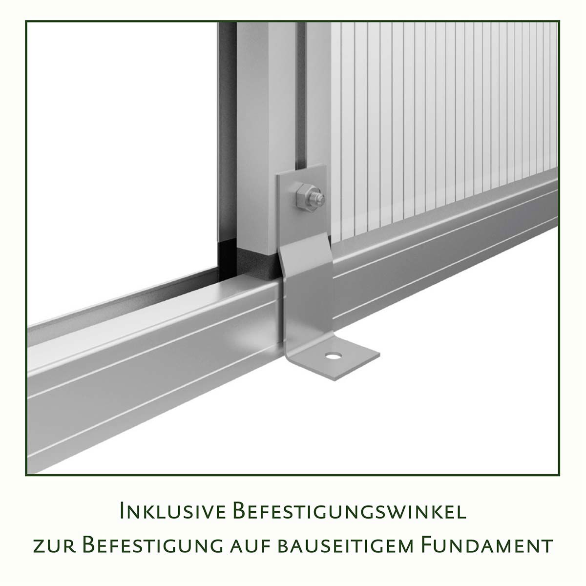 Detalje af metalramme med monteringsbeslag på fundament