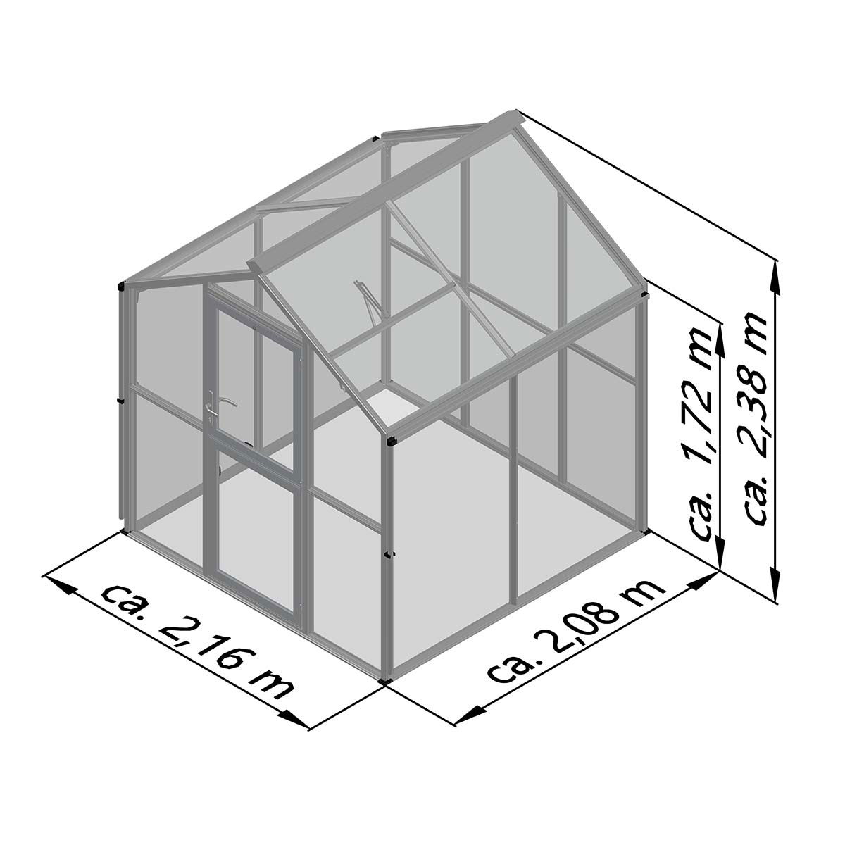Gråt drivhus med angivne udvendige mål