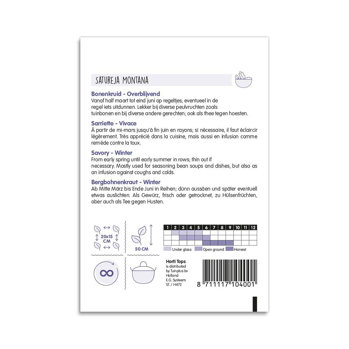 Bagside af frøpose til vinter-savory Satureja montana