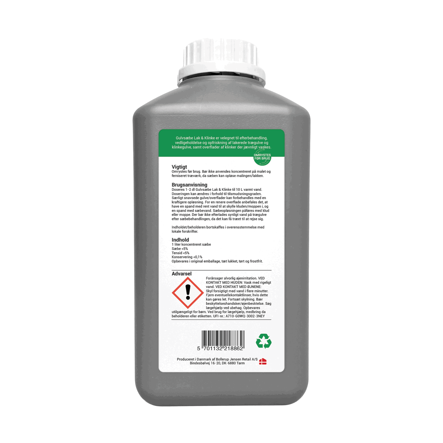 Grå plastikdunk med 1 l koncentreret gulvsæbe til klinker