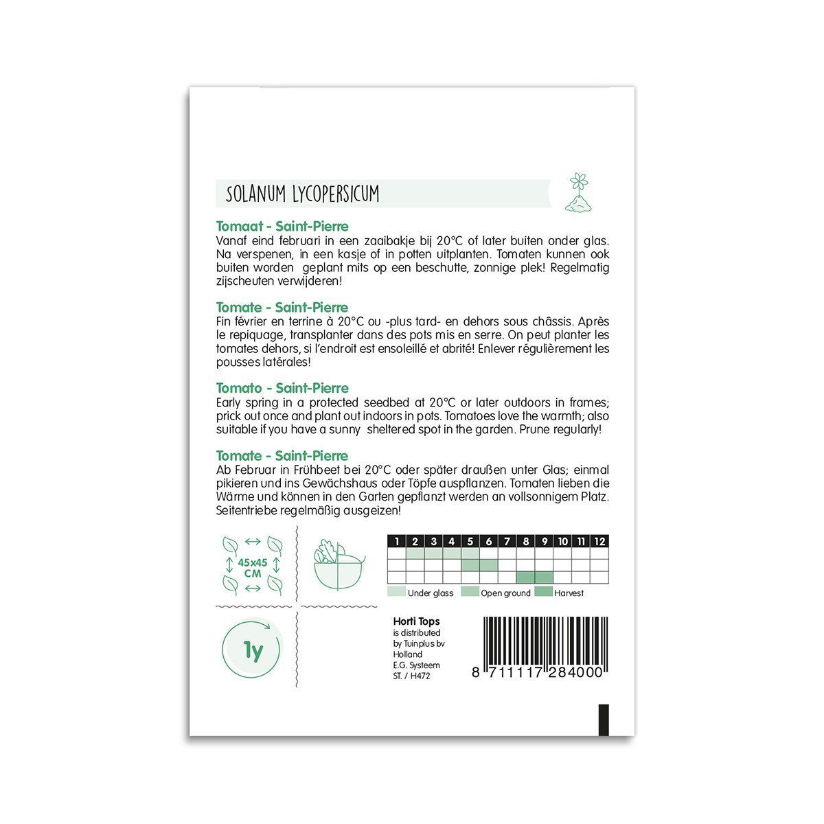 Bagside af frøpose til tomat Saint-Pierre