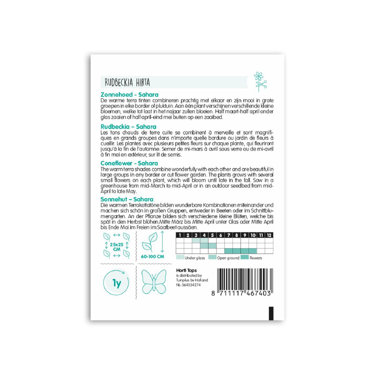 Bagside af pose med Rudbeckia hirta Sahara blomsterfrø