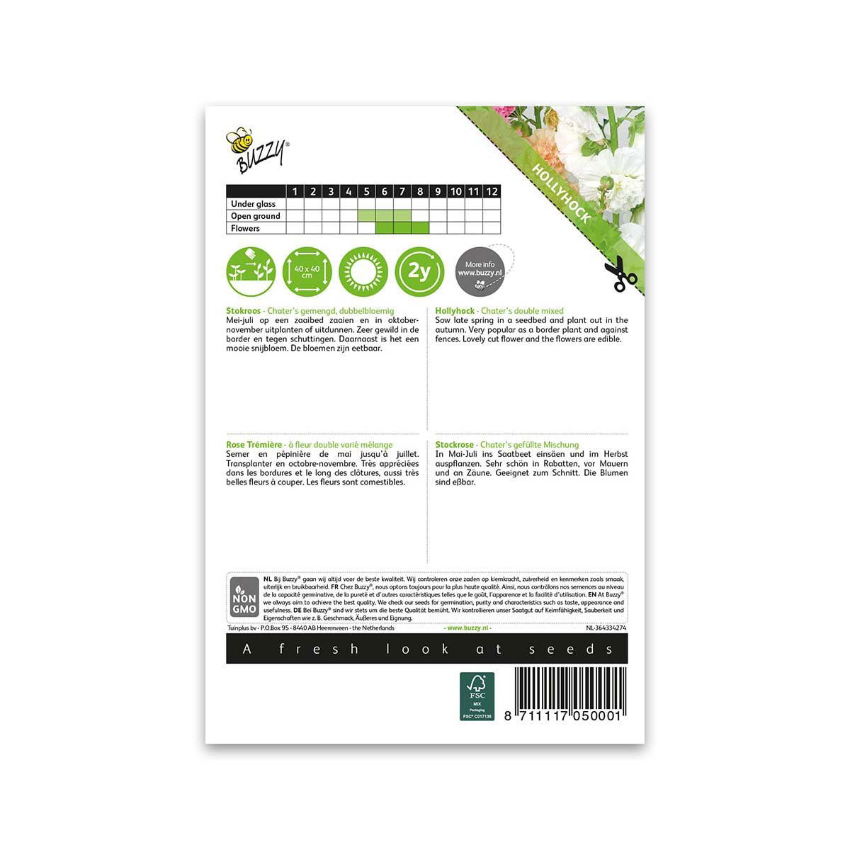 Bagside af Buzzy stokrose frøpose med info