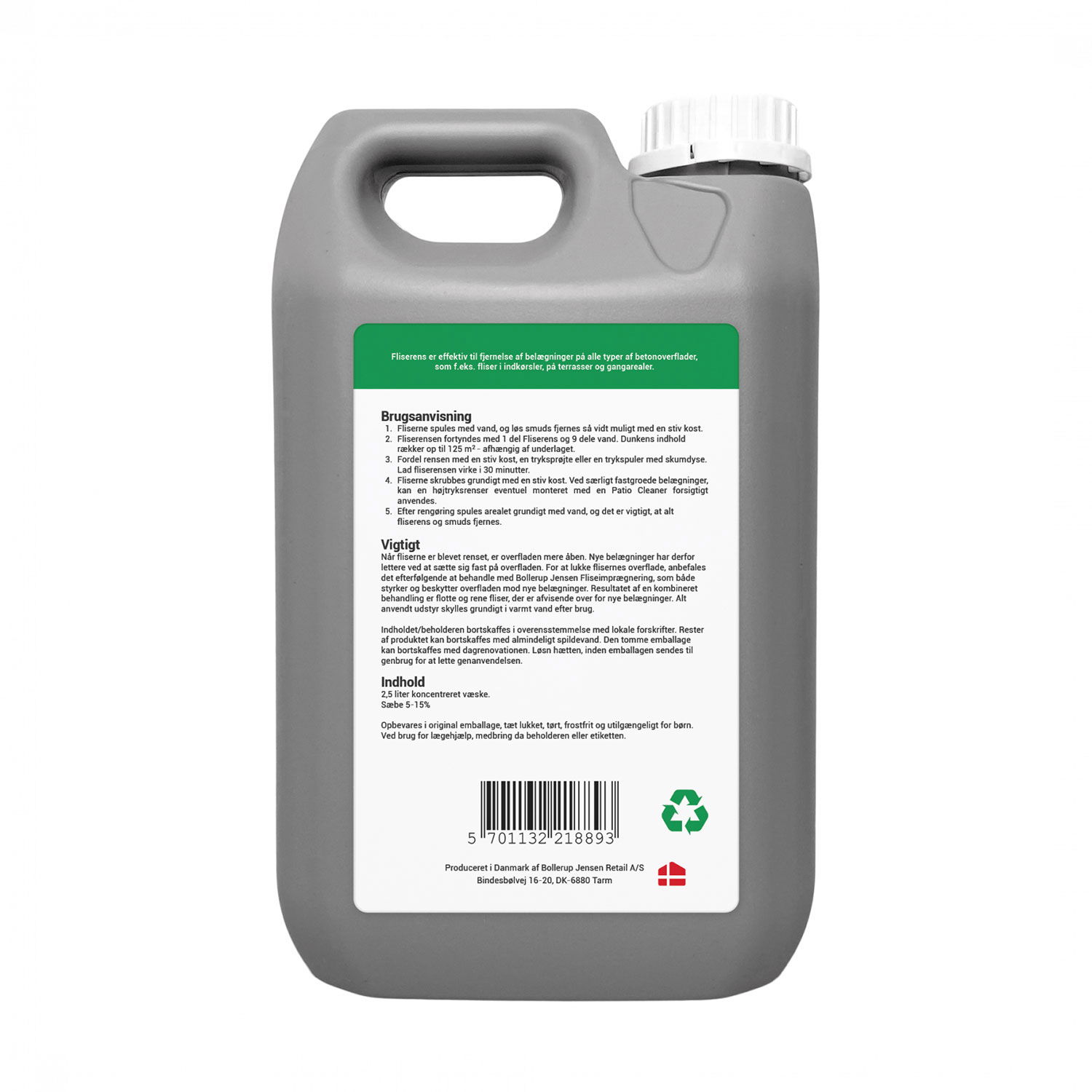 Grå dunk med 5 l fliserens til beton- og flisebelægning