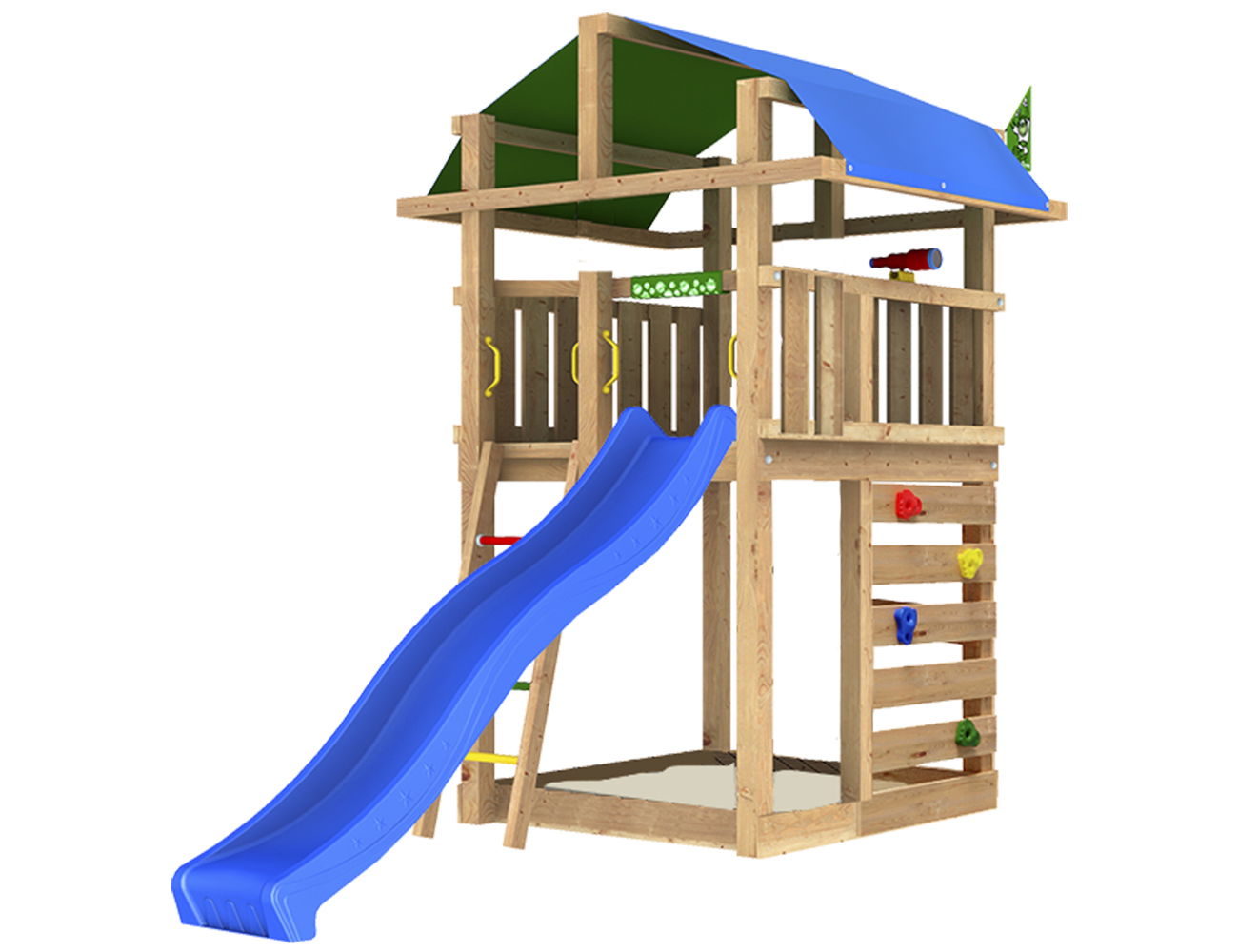 Stort trælegehus med blå rutsjebane og klatrevæg