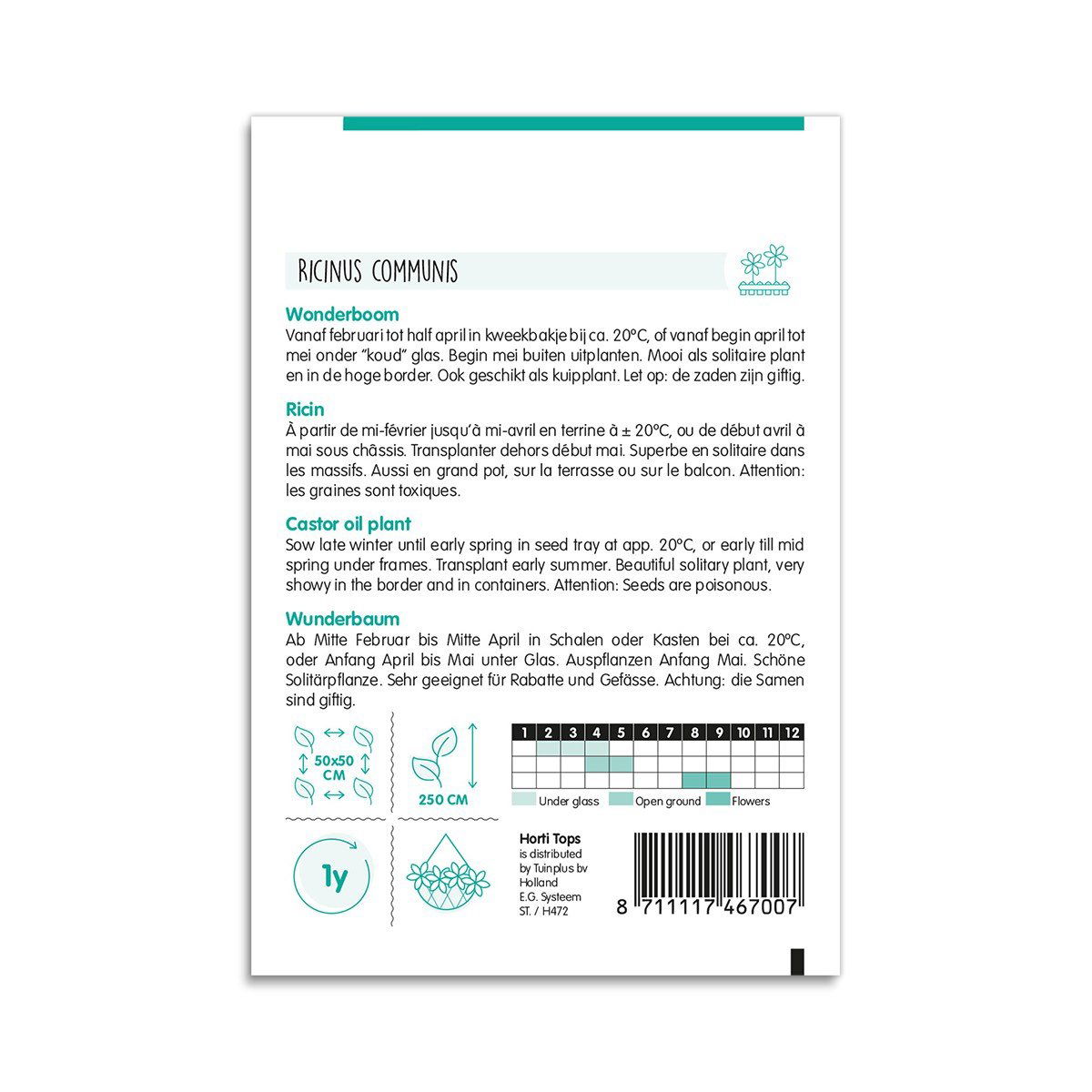 Bagside af Ricinus communis frøpose med dyrkningsvejledning