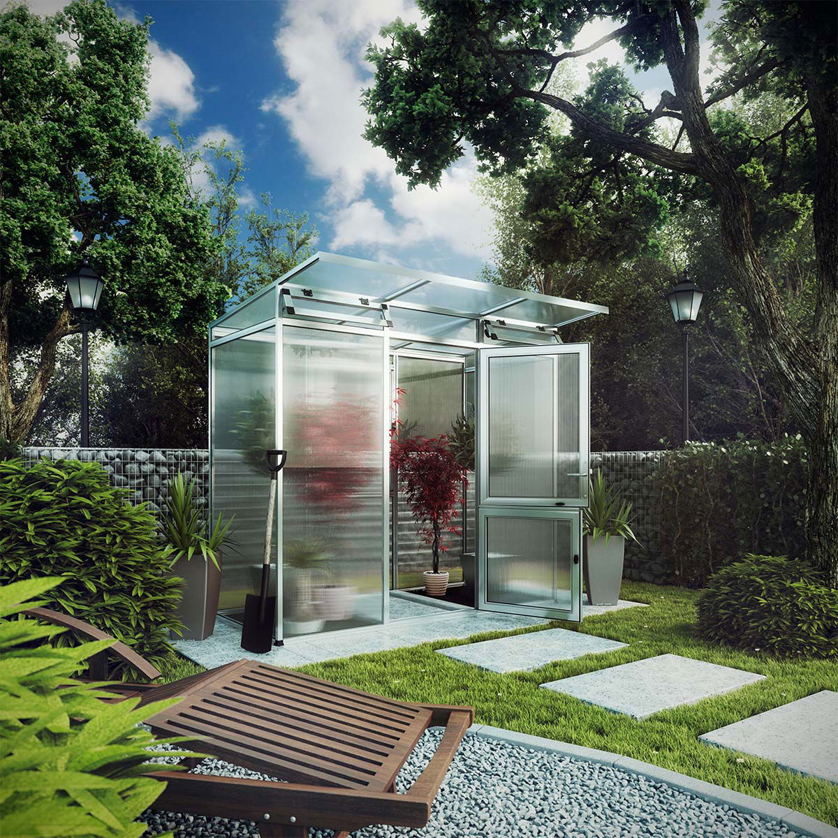 Lille moderne drivhus i grøn have med terrasse