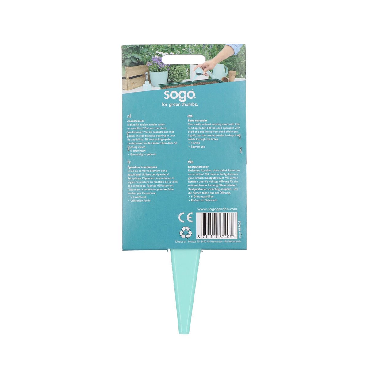 Soga frøspreder i turkis plastik til såning i bed
