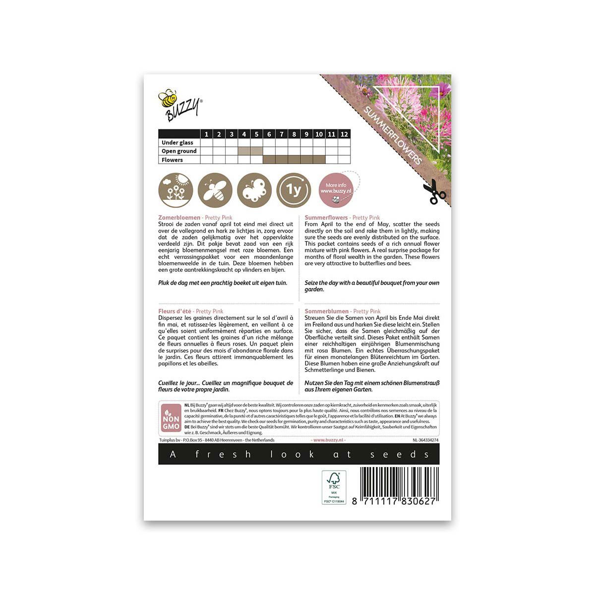 Buzzy sommerblomster Pretty Pink frøpose bagside