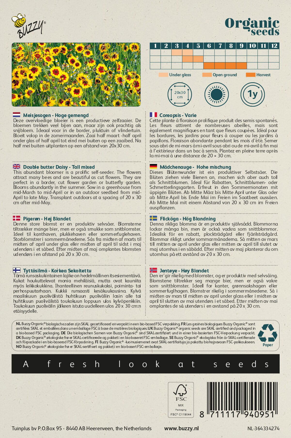 Buzzy økologiske Coreopsis blomsterfrø, høje sorter