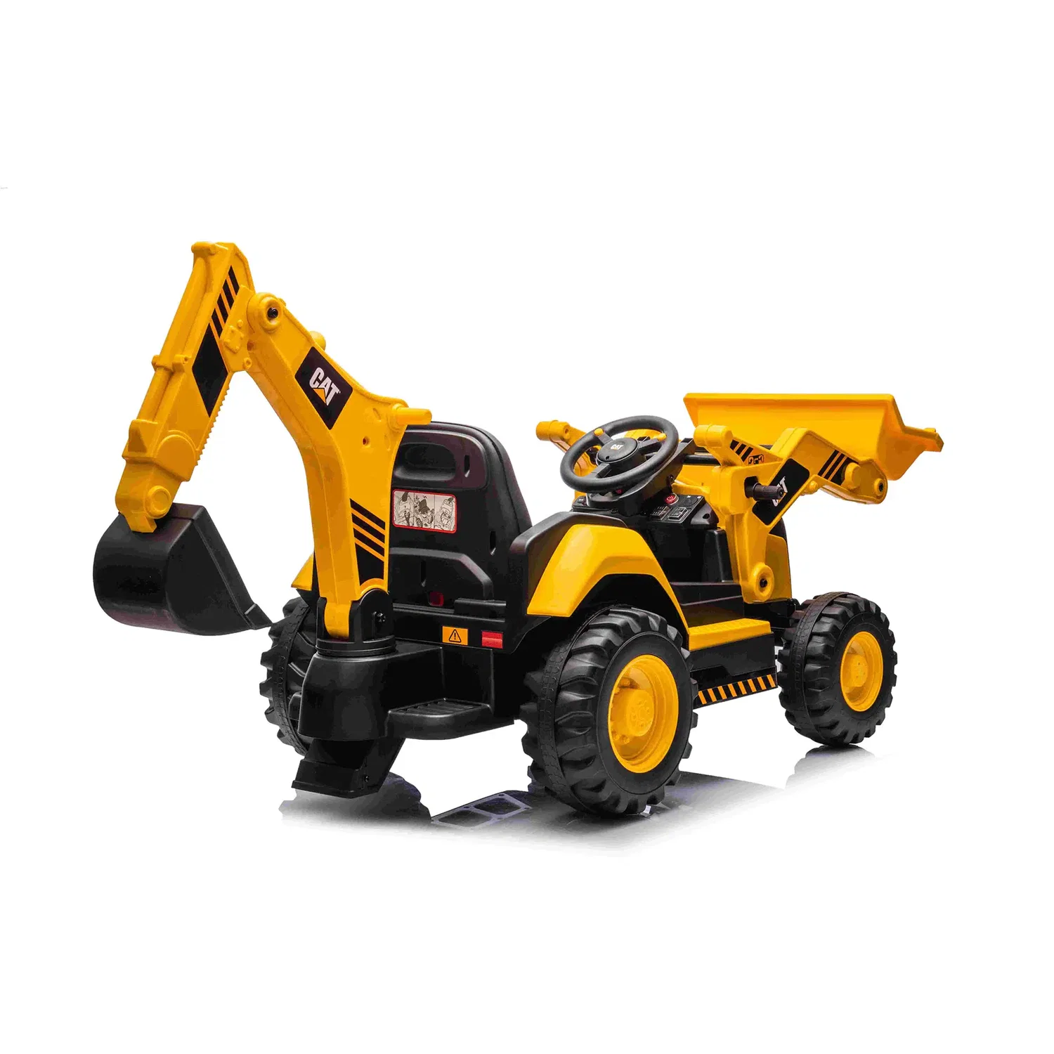 Gul CAT® el-rendegraver fra Nordic Play med frontskovl og bagmonteret gravarm, 2 x 10,8V motorer, fjernbetjening 2.4 GHz, lyd, lys og MP3-afspiller – ideel til børn 3-6 år