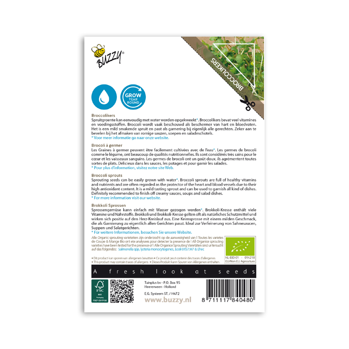 Buzzy økologiske broccolispirer frøpose bagside