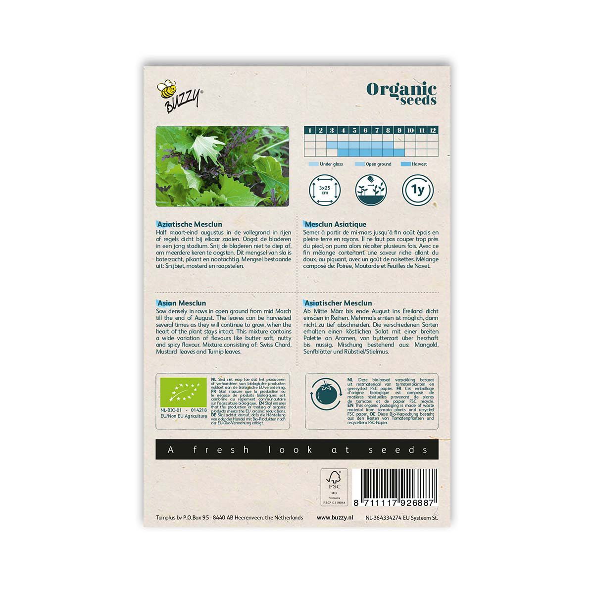 Buzzy økologiske asiatiske mesclun salatfrø pose bagside